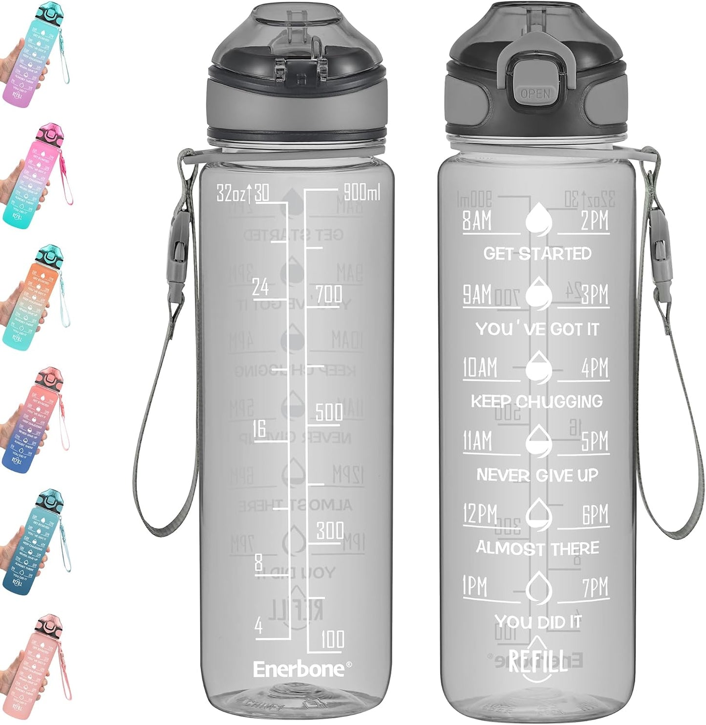 Enerbone 32 Oz Drinking Water Bottle with Times to Drink and Straw, Motivational with Carrying Strap, Leakproof BPA & Toxic Free, Ensure You Drink Enough Water for Fitness Gym Outdoor