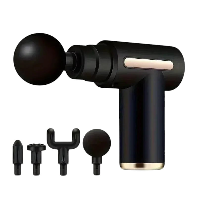 Essential Selects black portable deep tissue massage gun with four interchangeable heads for muscle recovery