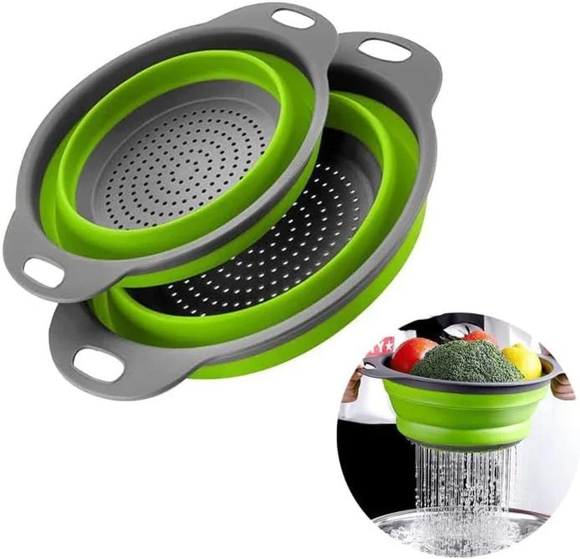 Essential Selects 2-pack green and grey silicone collapsible colanders for space-saving kitchen food draining