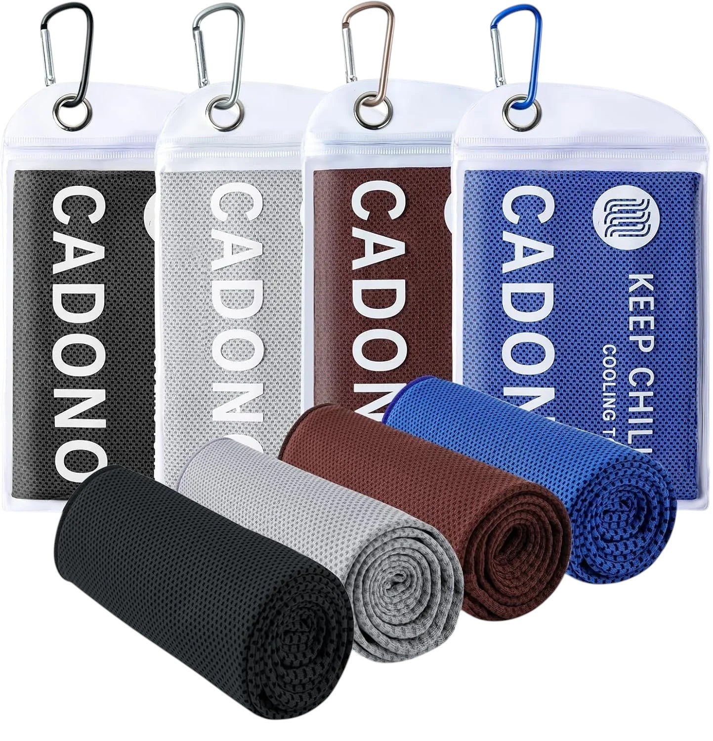 Essential Selects 4-pack of CADONO microfiber cooling towels in black, grey, brown, and blue with carry pouches.