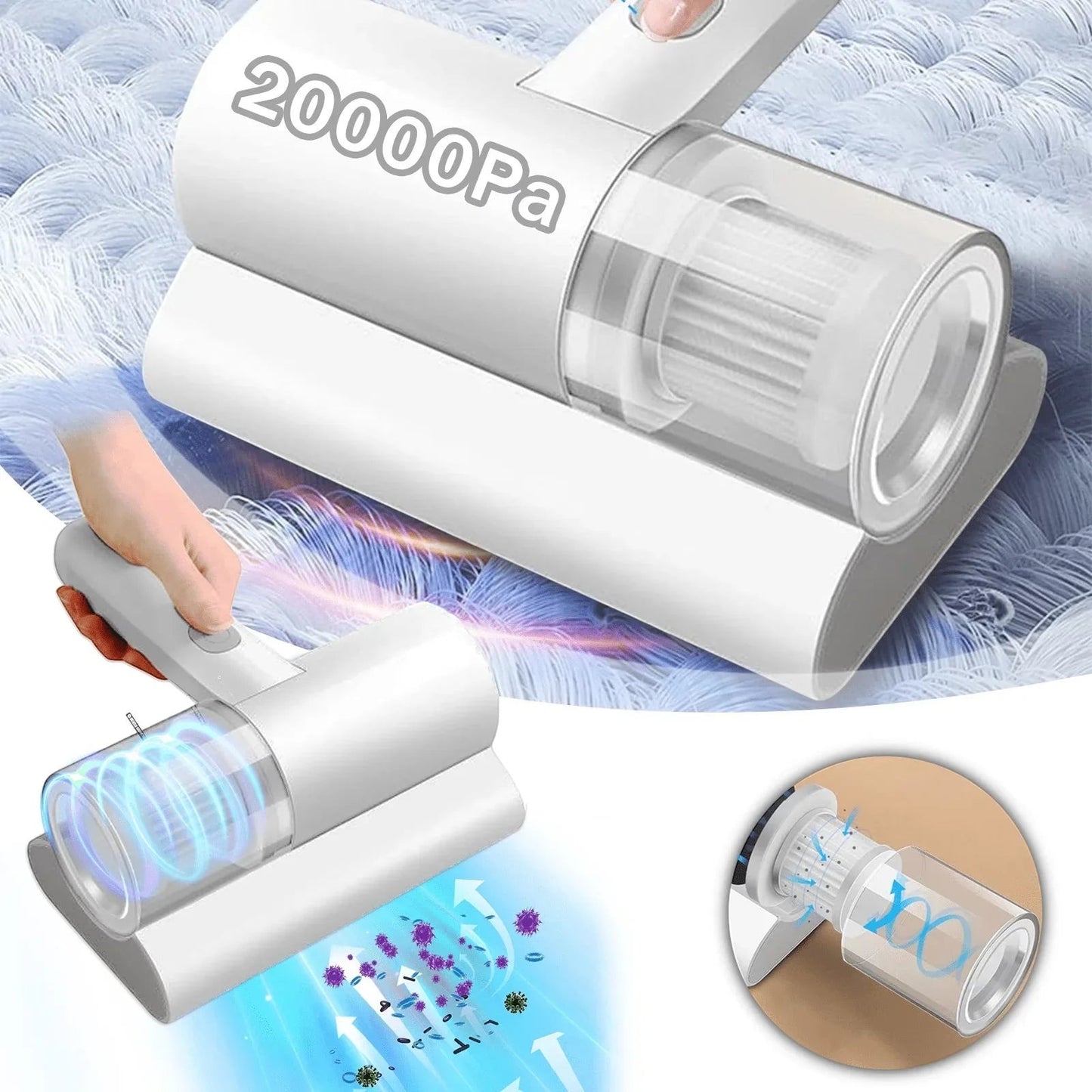 Essential Selects cordless mattress vacuum with 20000Pa suction, UV light sterilization, and HEPA filter for mite removal.