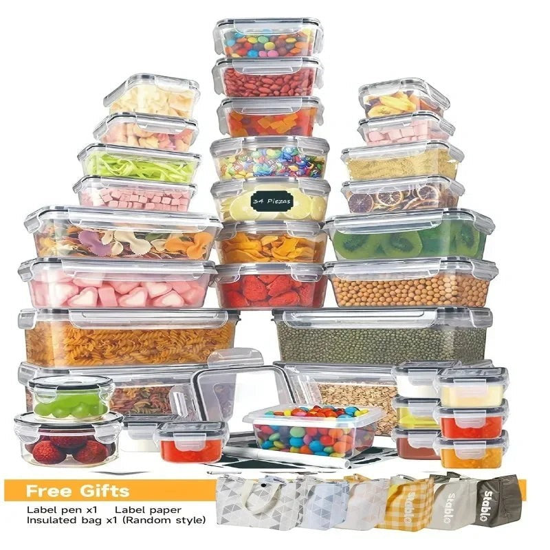 Essential Selects 48-piece food storage container set with leak-proof locking lids, stackable design, and labels.