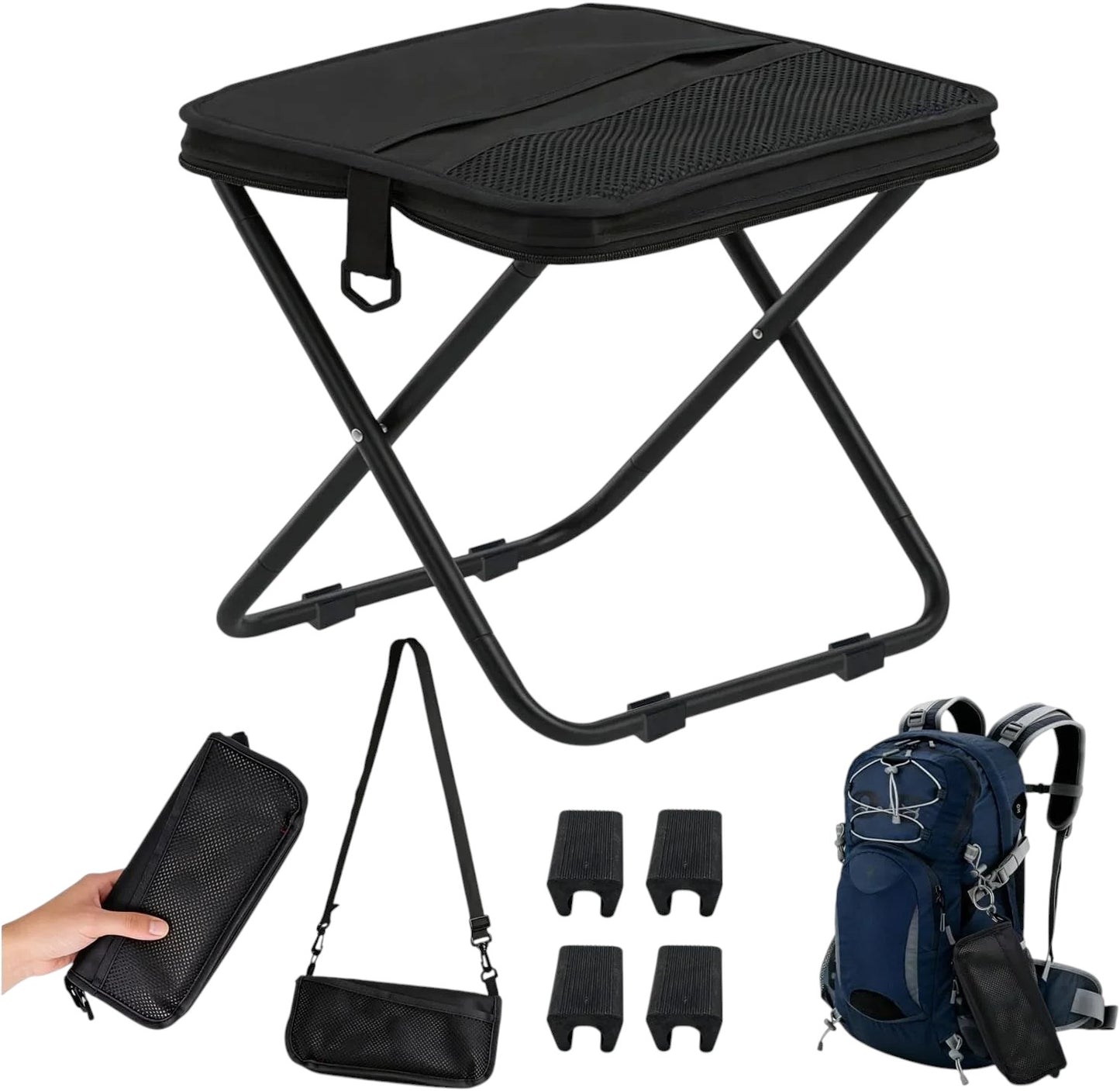 Essential Selects black portable collapsible stool with aluminum frame, shown unfolded and packed in a carry bag.