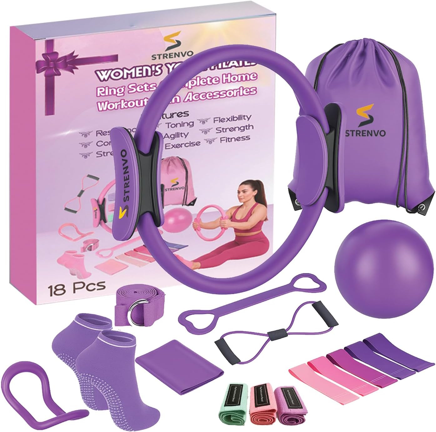 Yoga Pilates Ring Set for Home Workouts β 18 Pcs Fitness Kit for Women β Resistance & Toning Accessories with Circle Ring, Ideal for Full Body Toning & Flexibility