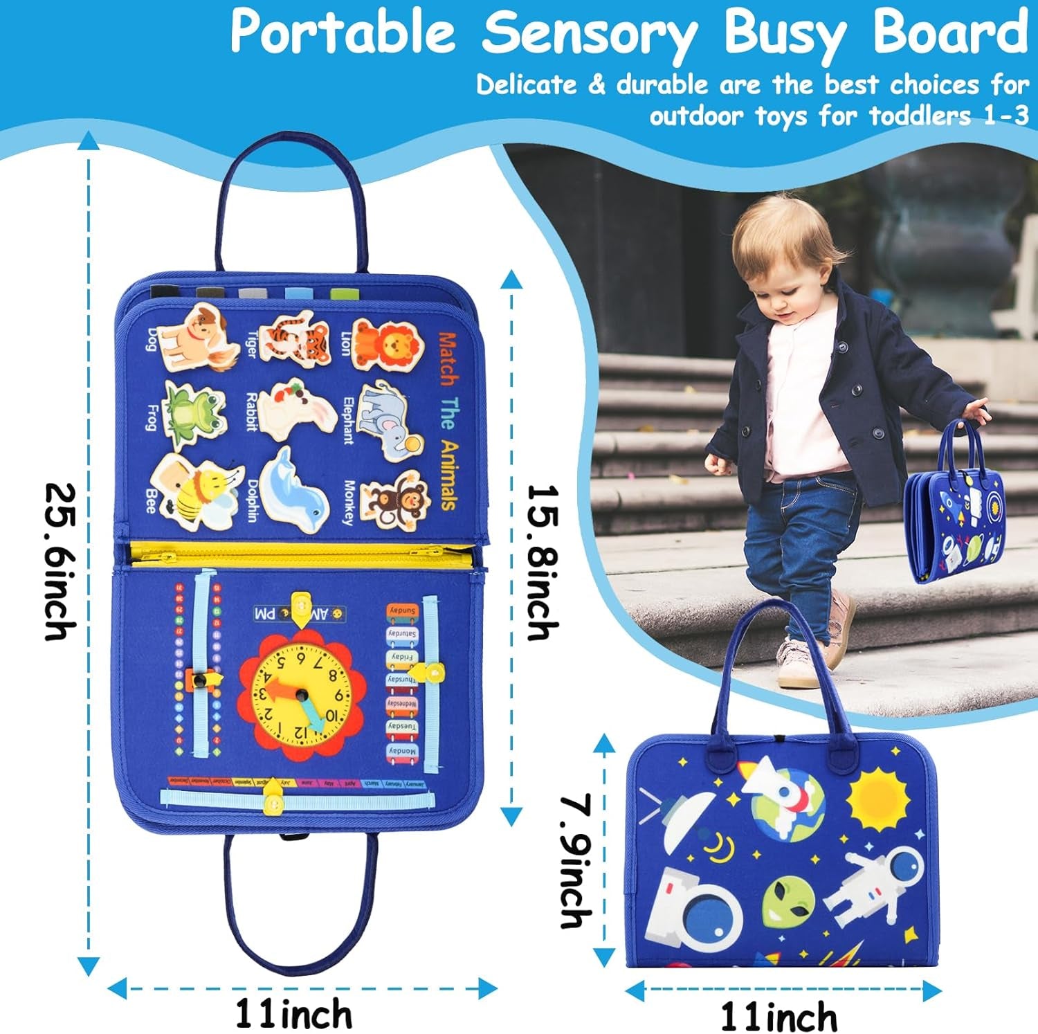 Toddler Busy Board, Montessori Toys for Boys, Sensory Board Birthday Gifts - Educational Busy Book, Learning Toys for Toddlers, Preschool Learning Activities and Travel Toys for Airplane Car, Blue