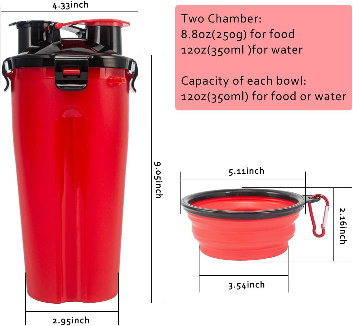 Esing Dog Water Bottles W/Bowls Pet Portable Drinking Bottle Puppy Travel Dispenser Doggie Kettle Kittens Feeding Cup W/Food Container (Red)