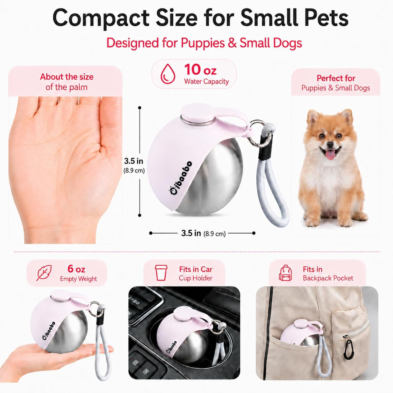 Cibaabo 2 in 1 Portable Dog Water Bottle with Bowl, 10 Oz Stainless Steel No-Spill Travel Pet Water Dispenser with Collapsible Silicone Bowl for Small Dog & Puppy Walking Hiking Outdoor