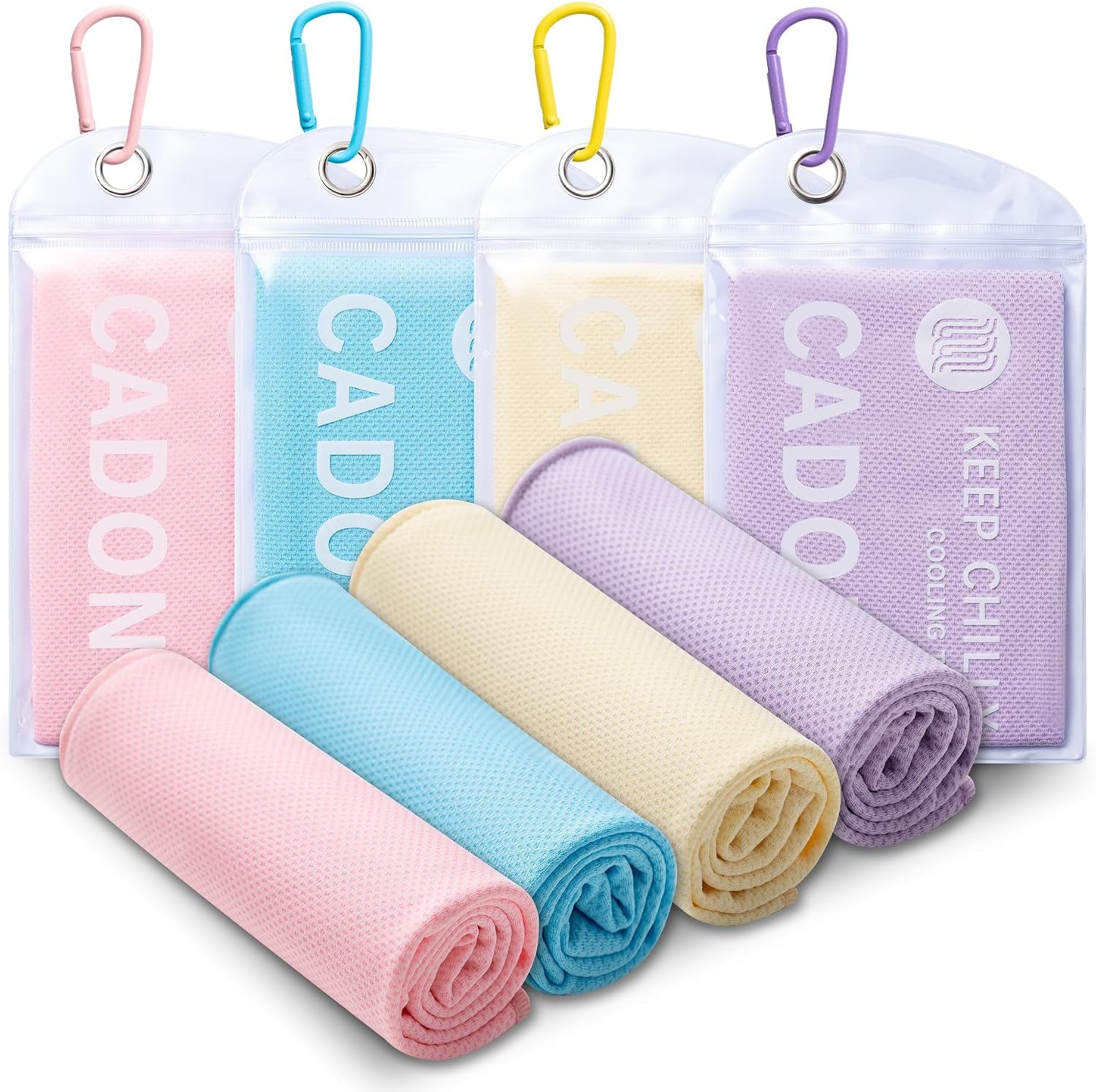 CADONO 4 Pack Cooling Towel (40"X12"), Soft Breathable Chilly Towel, Ice Towel, Microfiber Towel for Yoga, Sport, Running, Workout,Gym, Camping, Fitness, Workout & More Activities(Multicolor)