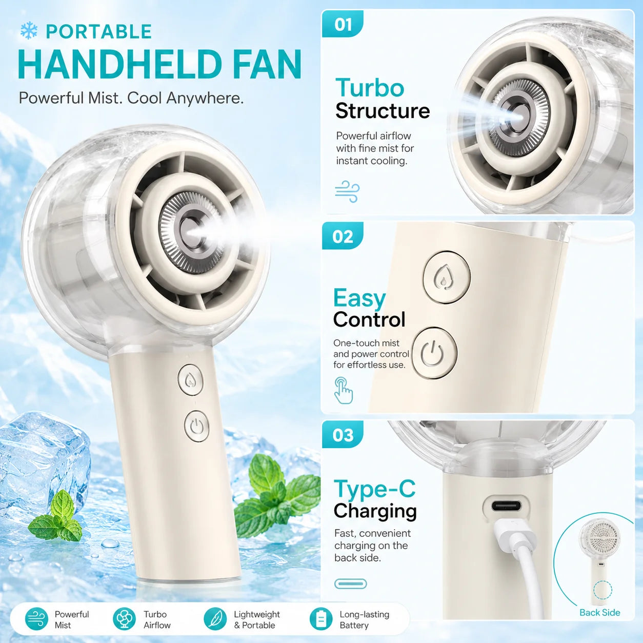 Misting Portable Handheld Fan 6000Mah Rechargeable Battery, Personal Mini Fans with 4 Strong Windfor Travel, Camping, Beach