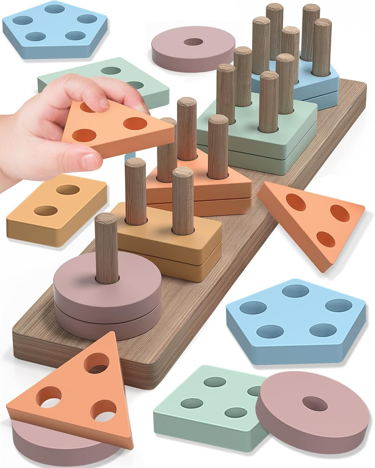 Tonberless Montessori Toys for 1 2 3 Year Old Boy Girl, Toys for Ages 2-4 Toddlers Kids Baby, 1 2 Year Old Boy Girl Birthday Gifts, Wooden Learning Puzzles Shape Sorter Toys for Toddlers 1-3