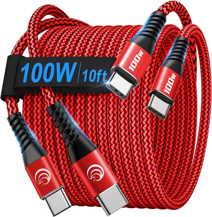 USBC to USBC 100W [10Ft/2 Pack] USB C to USB C Fast Charging Cable Braided C to C Charger Cord for Macbook Pro/Air, Iphone 16 15 Pro Max Plus,Ipad Pro,Samsung Galaxy S25 Ultra S24 S23,Pixel,Ps5,Switch