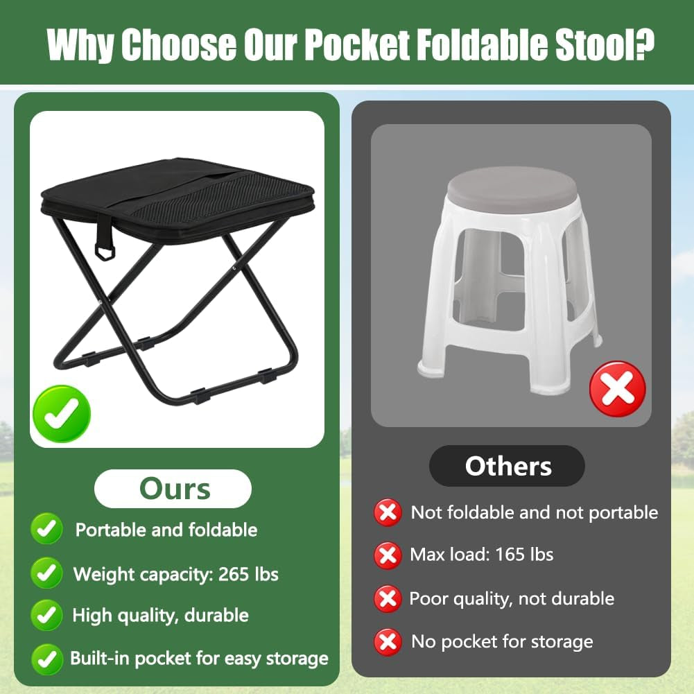 Portable Ultralight Collapsible Stool, 265LB Load Capacity Pocket Foldable Stool, 600D Oxford Portable Outdoor Folding Chair, for Camping, Hiking, Fishing, Travelling, Picnics, Beach, Outdoor