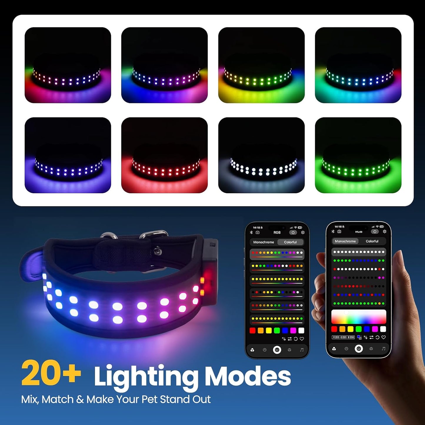 UNISE Customizable LED Dog Collar: RGB Color Changing Light up Dog Collar, 20+ Lighting Modes & Adjustable Brightness for Night Safety, IP65 Waterproof, App Controlled, Fits Small Medium Large Dogs