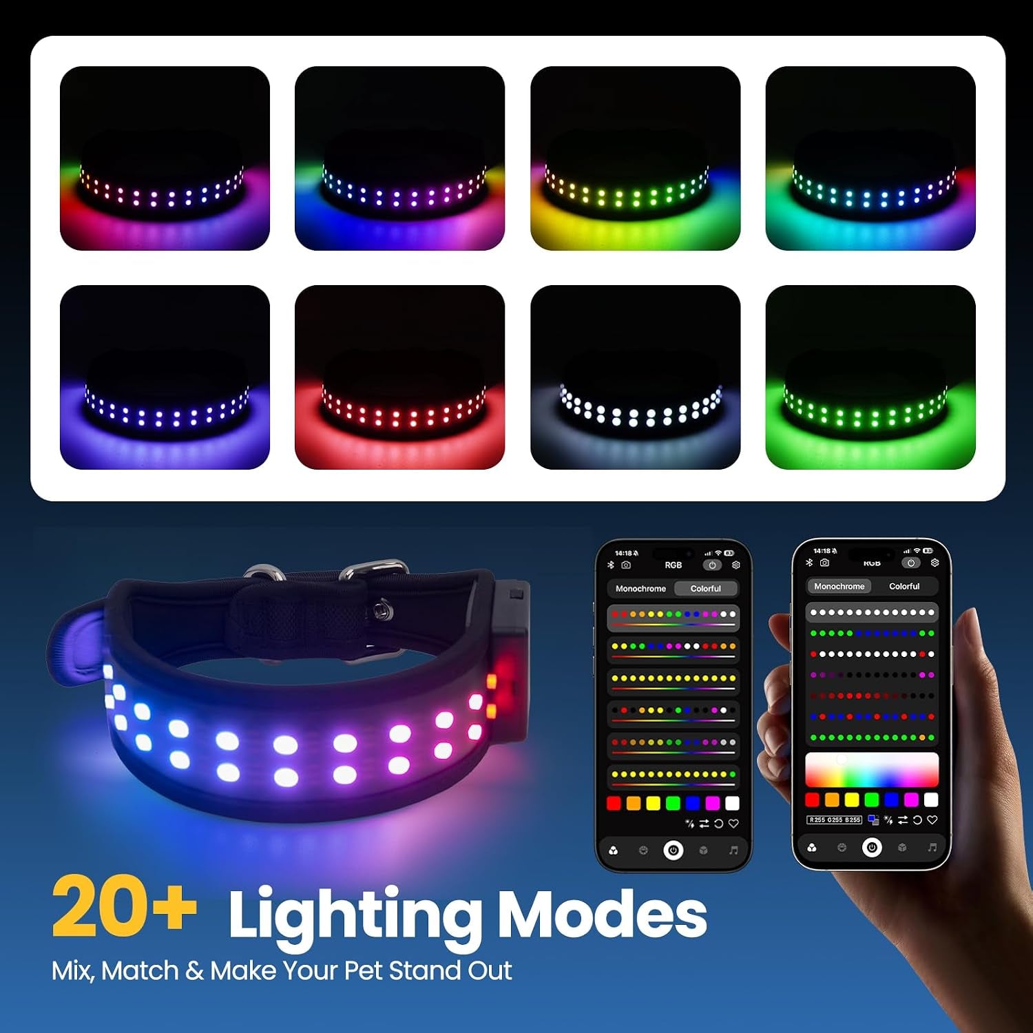 UNISE Customizable LED Dog Collar: RGB Color Changing Light up Dog Collar, 20+ Lighting Modes & Adjustable Brightness for Night Safety, IP65 Waterproof, App Controlled, Fits Small Medium Large Dogs