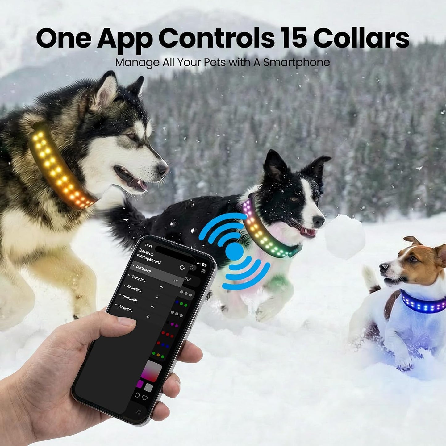 UNISE Customizable LED Dog Collar: RGB Color Changing Light up Dog Collar, 20+ Lighting Modes & Adjustable Brightness for Night Safety, IP65 Waterproof, App Controlled, Fits Small Medium Large Dogs