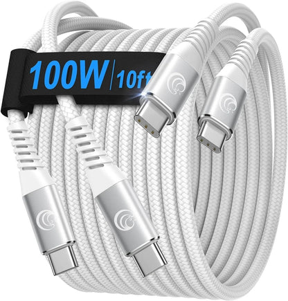 USBC to USBC 100W [10Ft/2 Pack] USB C to USB C Fast Charging Cable Braided C to C Charger Cord for Macbook Pro/Air, Iphone 16 15 Pro Max Plus,Ipad Pro,Samsung Galaxy S25 Ultra S24 S23,Pixel,Ps5,Switch