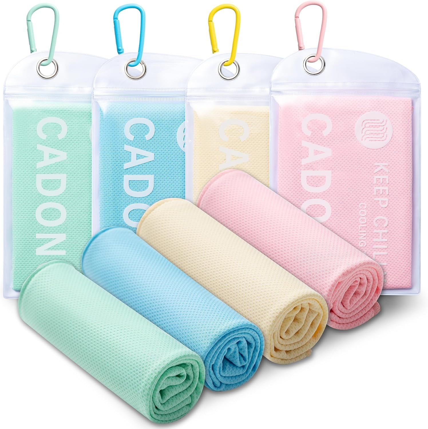 CADONO 4 Pack Cooling Towel (40"X12"), Soft Breathable Chilly Towel, Ice Towel, Microfiber Towel for Yoga, Sport, Running, Workout,Gym, Camping, Fitness, Workout & More Activities(Multicolor)