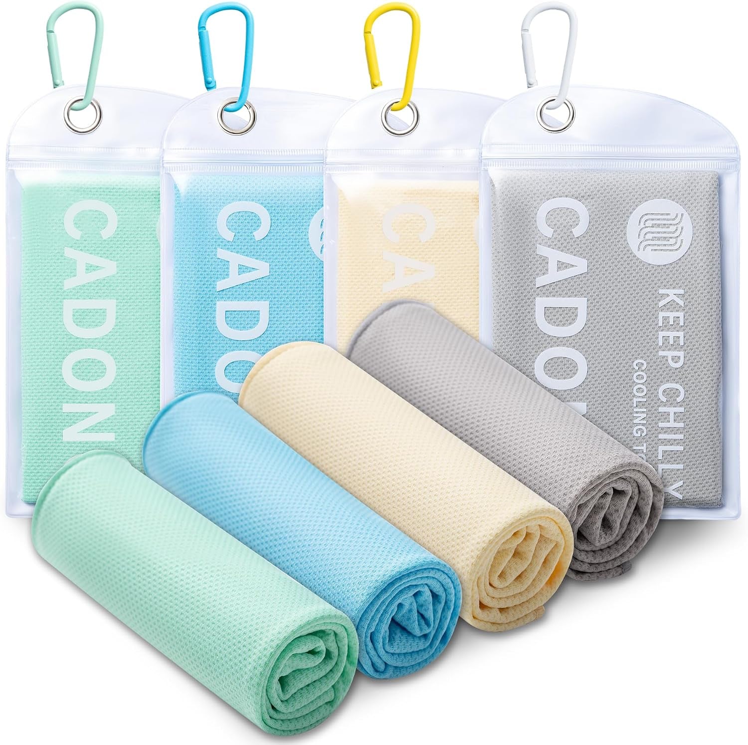 CADONO 4 Pack Cooling Towel (40"X12"), Soft Breathable Chilly Towel, Ice Towel, Microfiber Towel for Yoga, Sport, Running, Workout,Gym, Camping, Fitness, Workout & More Activities(Multicolor)