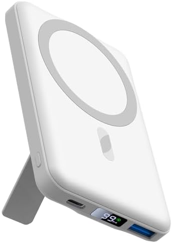 Mag-Safe Portable Charger, 5000mAh Magnetic Power Bank 22.5W Fast Charging,Mini Battery Pack Wireless with LED Display&Foldable Stand for iPhone 17/16/15/14/13/12 Series (Polar White)