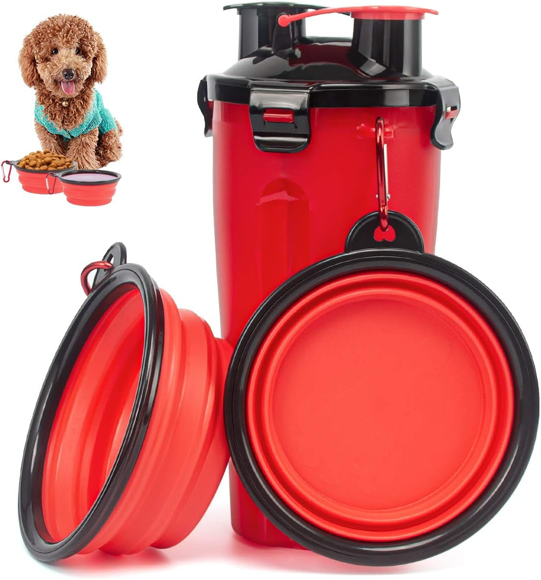 Esing Dog Water Bottles W/Bowls Pet Portable Drinking Bottle Puppy Travel Dispenser Doggie Kettle Kittens Feeding Cup W/Food Container (Red)