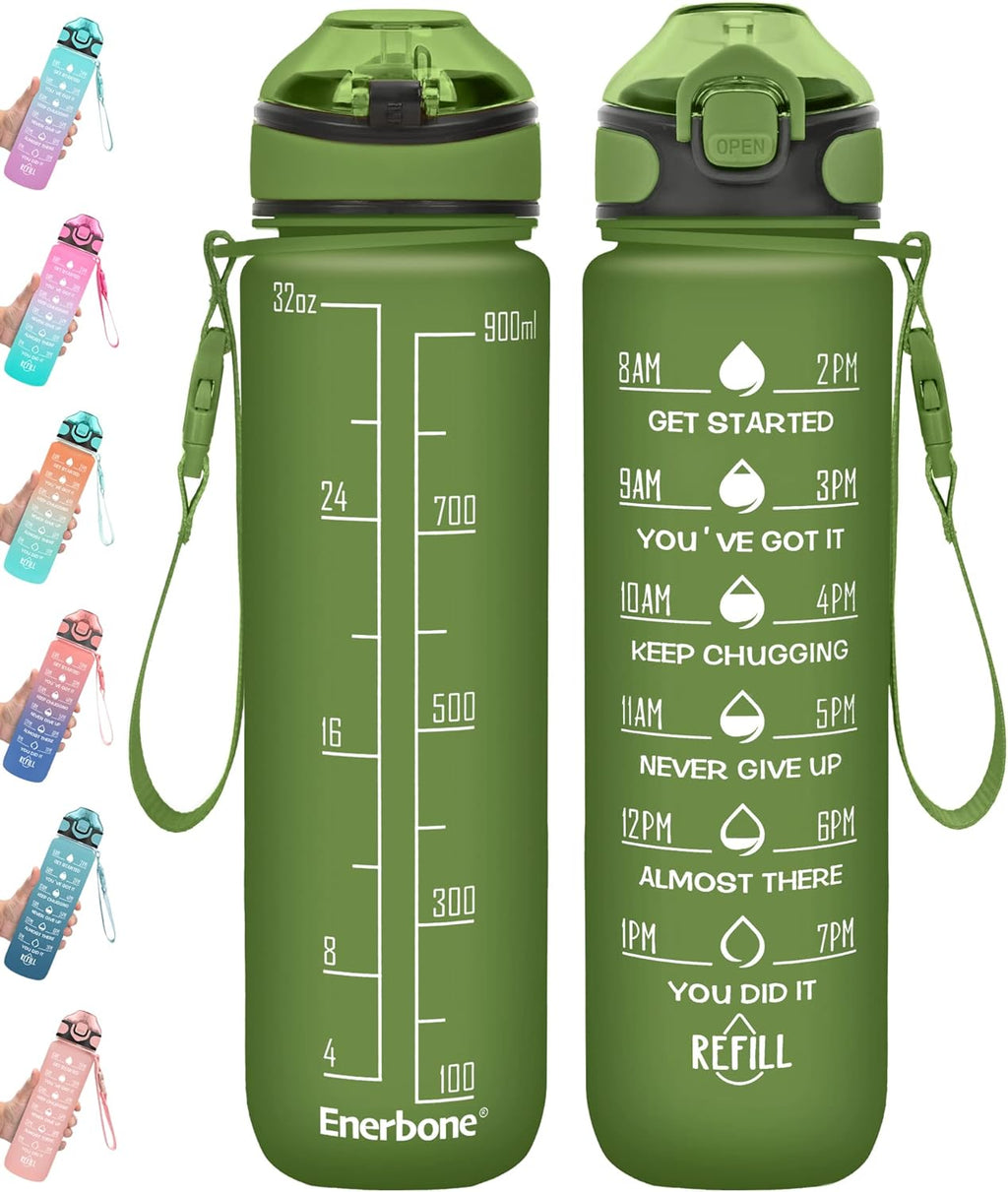 Enerbone 32 Oz Motivational Water Bottle with Time Markers & Straw - Leakproof, BPA-Free, Perfect for Fitness and Outdoor Adventures