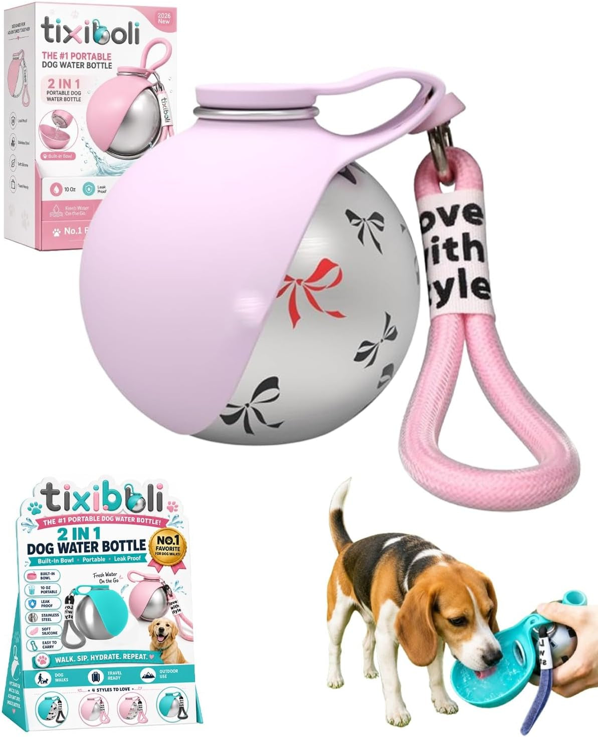 2 in 1 Portable Dog Water Bottle with Built in Bowl, 10 Oz Collapsible Stainless Steel Travel Dog Water Bowl Foldable Silicone Leak Proof Drinking Tumbler for Dogs on Walks