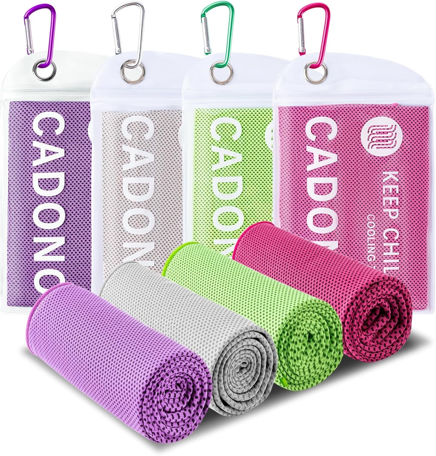 CADONO 4 Pack Cooling Towel (40"X12"), Soft Breathable Chilly Towel, Ice Towel, Microfiber Towel for Yoga, Sport, Running, Workout,Gym, Camping, Fitness, Workout & More Activities(Multicolor)