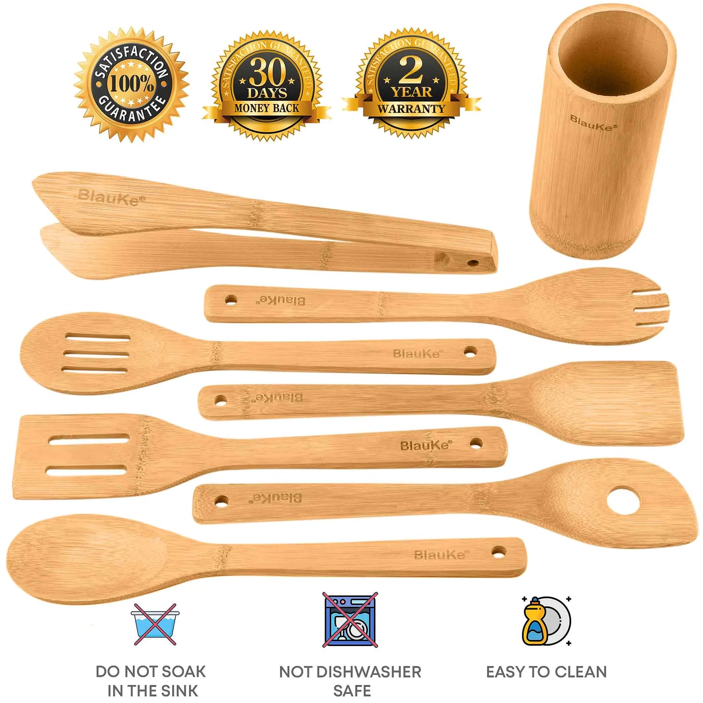 Bamboo Kitchen Utensils Set 8-Pack - Wooden Cooking Utensils for Nonstick Cookware - Wooden Cooking Spoons, Spatulas, Turner, Tongs, Utensil Holder