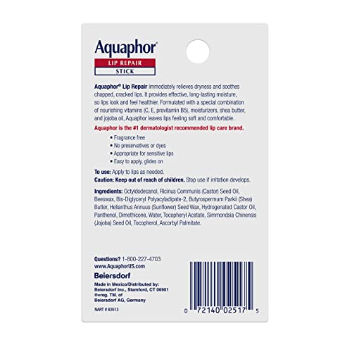 Aquaphor Lip Repair Stick, Lip Protectant, Moisturizing Lip Balm, 2 Count (Pack of 1)