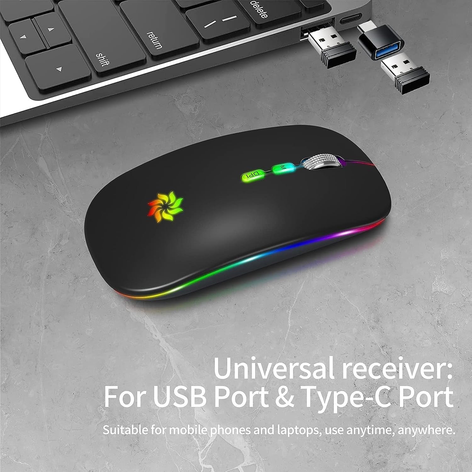Wireless Mouse, LED Wireless Mouse for Laptop, Slim Silent Mouse 2.4G Rechargeable Wireless Computer Mouse for Laptop, Macbook, Ipad, Chromebook, with USB & Type-C Receiver