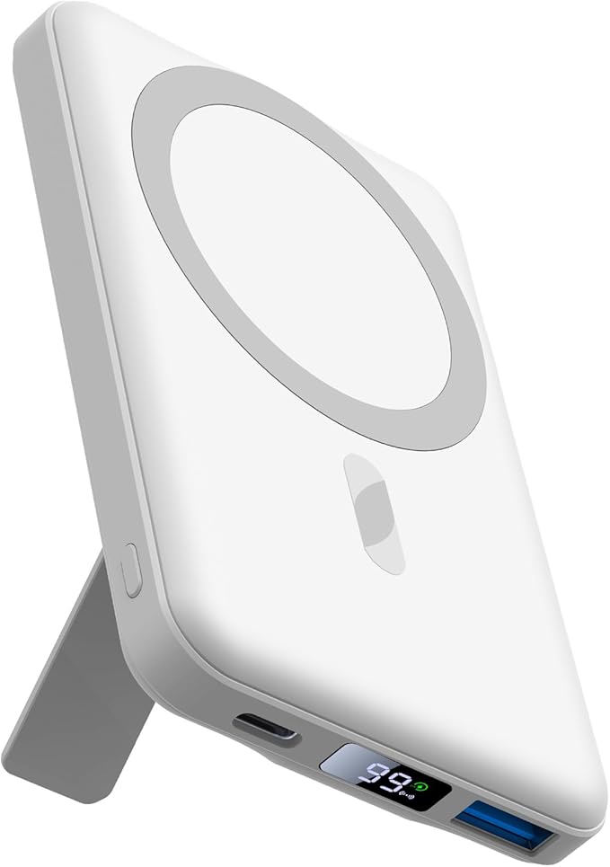 Mag-Safe Portable Charger, 5000mAh Magnetic Power Bank 22.5W Fast Charging,Mini Battery Pack Wireless with LED Display&Foldable Stand for iPhone 17/16/15/14/13/12 Series (Polar White)