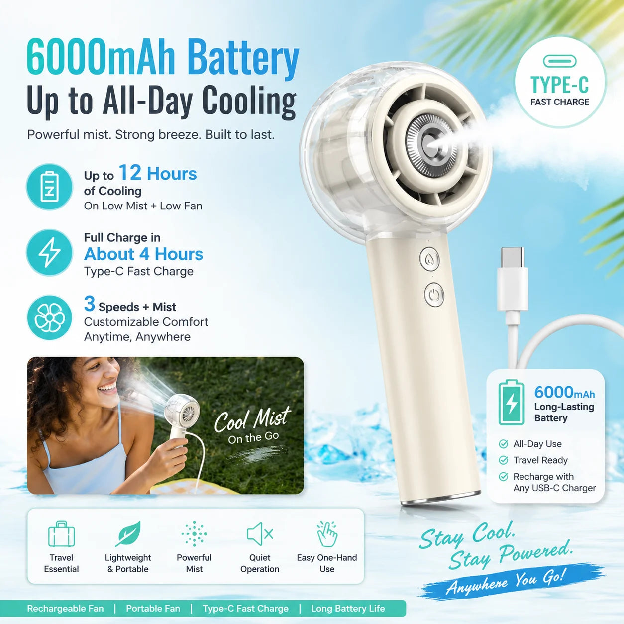 Misting Portable Handheld Fan 6000Mah Rechargeable Battery, Personal Mini Fans with 4 Strong Windfor Travel, Camping, Beach