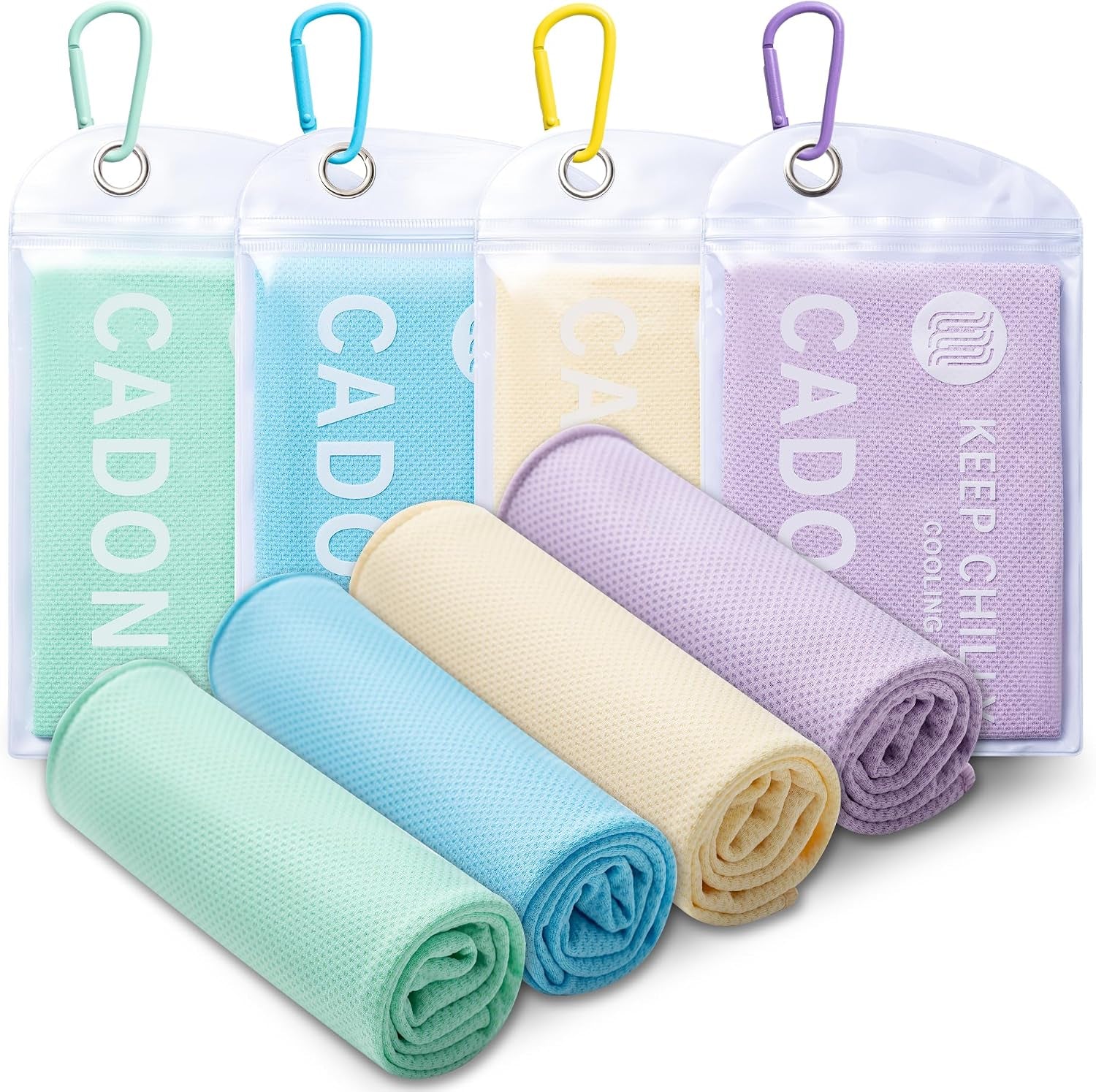 CADONO 4 Pack Cooling Towel (40"X12"), Soft Breathable Chilly Towel, Ice Towel, Microfiber Towel for Yoga, Sport, Running, Workout,Gym, Camping, Fitness, Workout & More Activities(Multicolor)