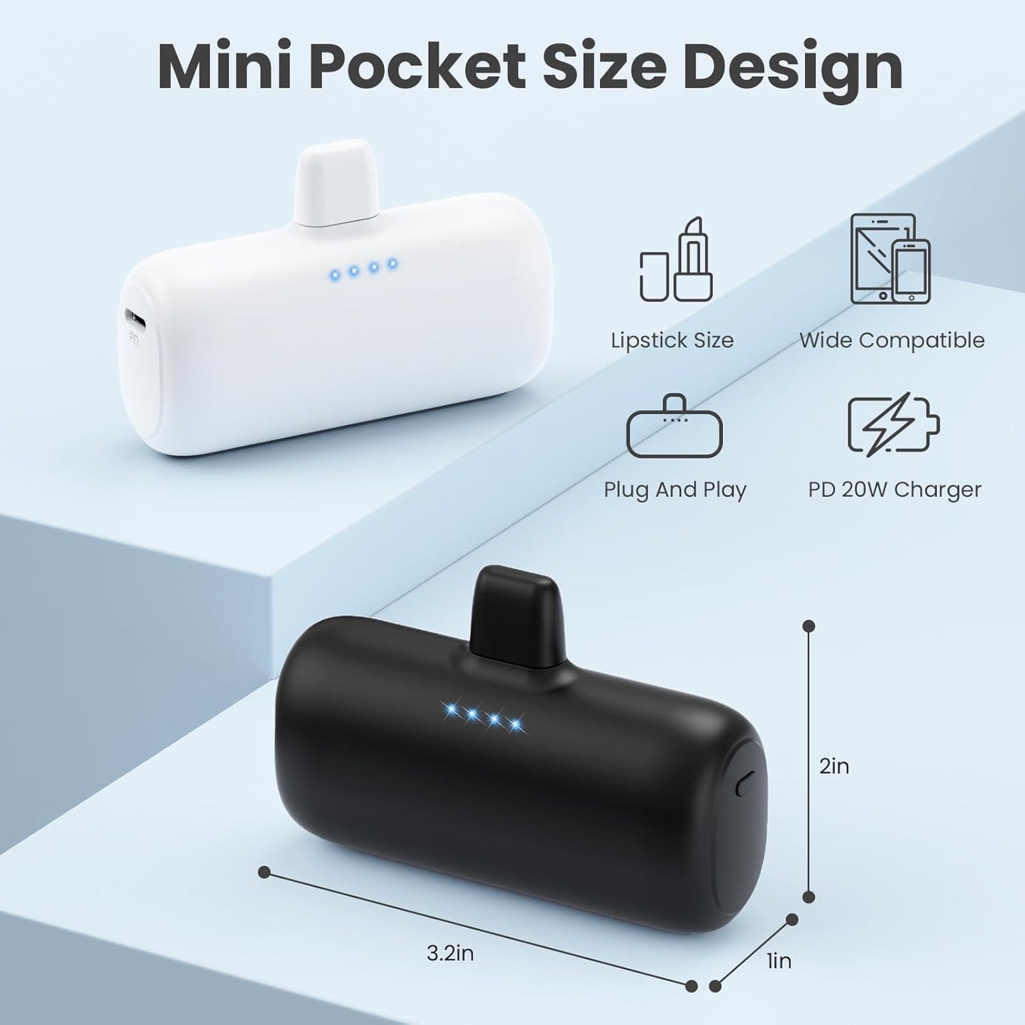 [2-Pack] Mini Portable Charger for iPhone,5200mAh Ultra Compact PD Fast Charging Power Bank,Plug-in Battery Pack Travel Cordless Phone Charger, Compatible with iPhone and Android Devices