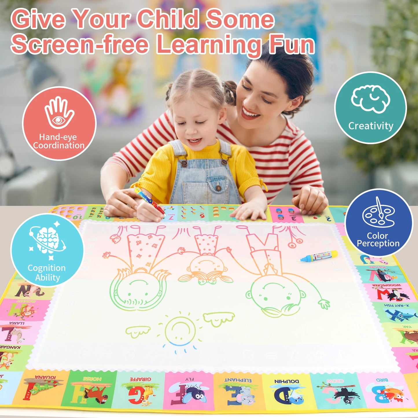 100X80Cm Magic Water Drawing Mat with Reusable Magic Pens Coloring Doodle Painting Board Educational Montessori Toys Kids Gifts