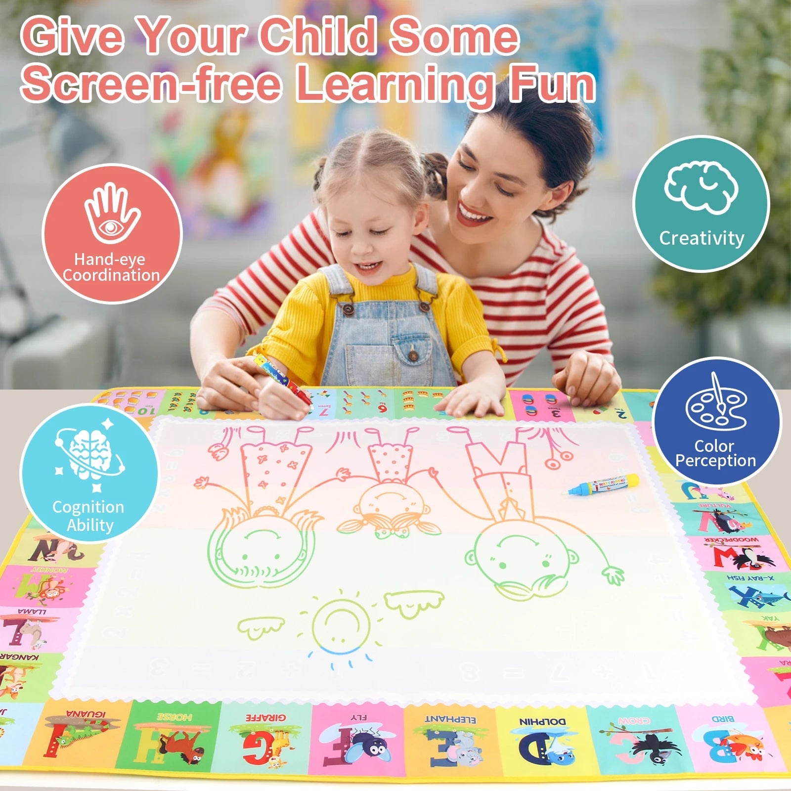 100X80Cm Magic Water Drawing Mat with Reusable Magic Pens Coloring Doodle Painting Board Educational Montessori Toys Kids Gifts