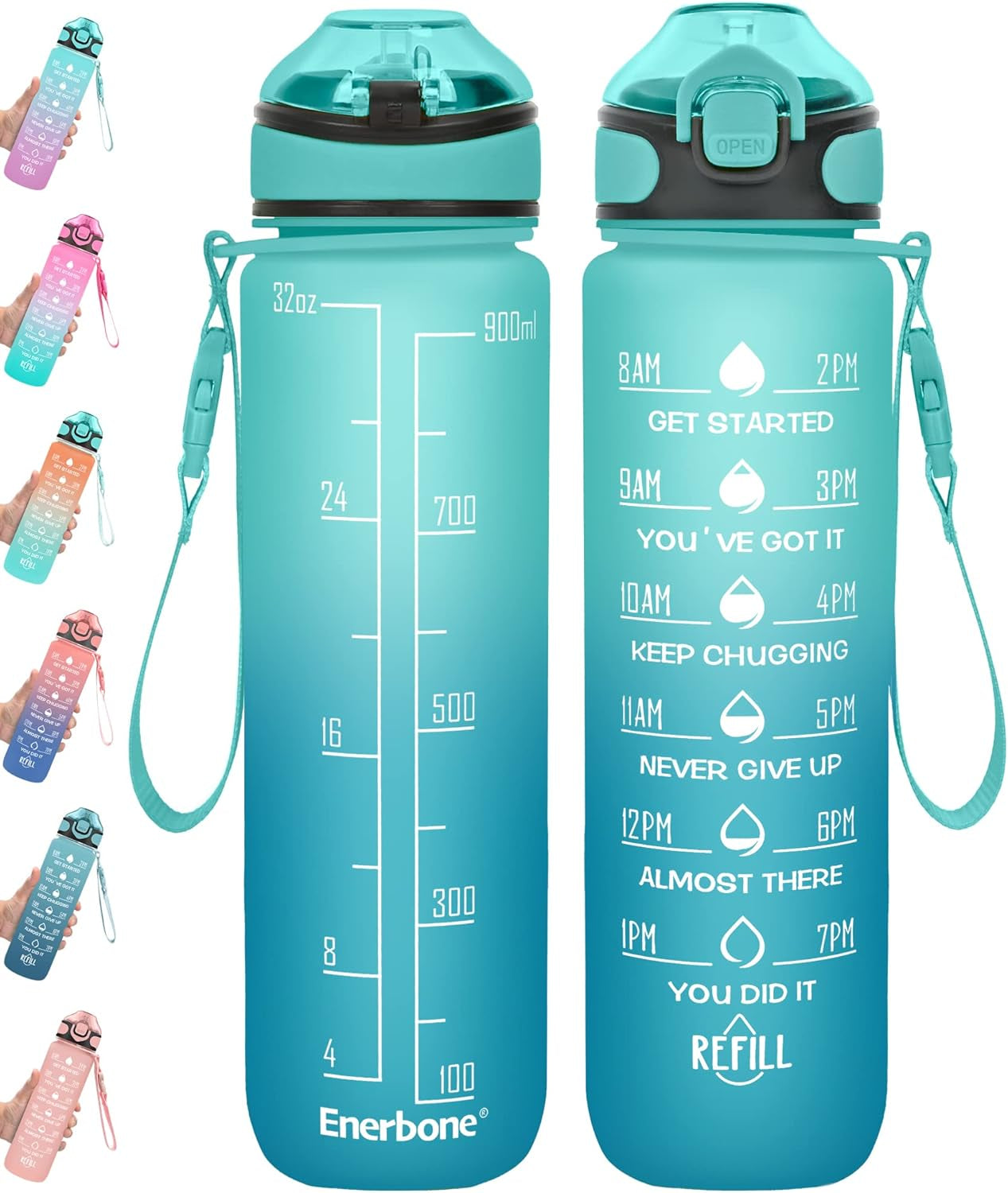 Enerbone 32 Oz Motivational Water Bottle with Time Markers & Straw - Leakproof, BPA-Free, Perfect for Fitness and Outdoor Adventures