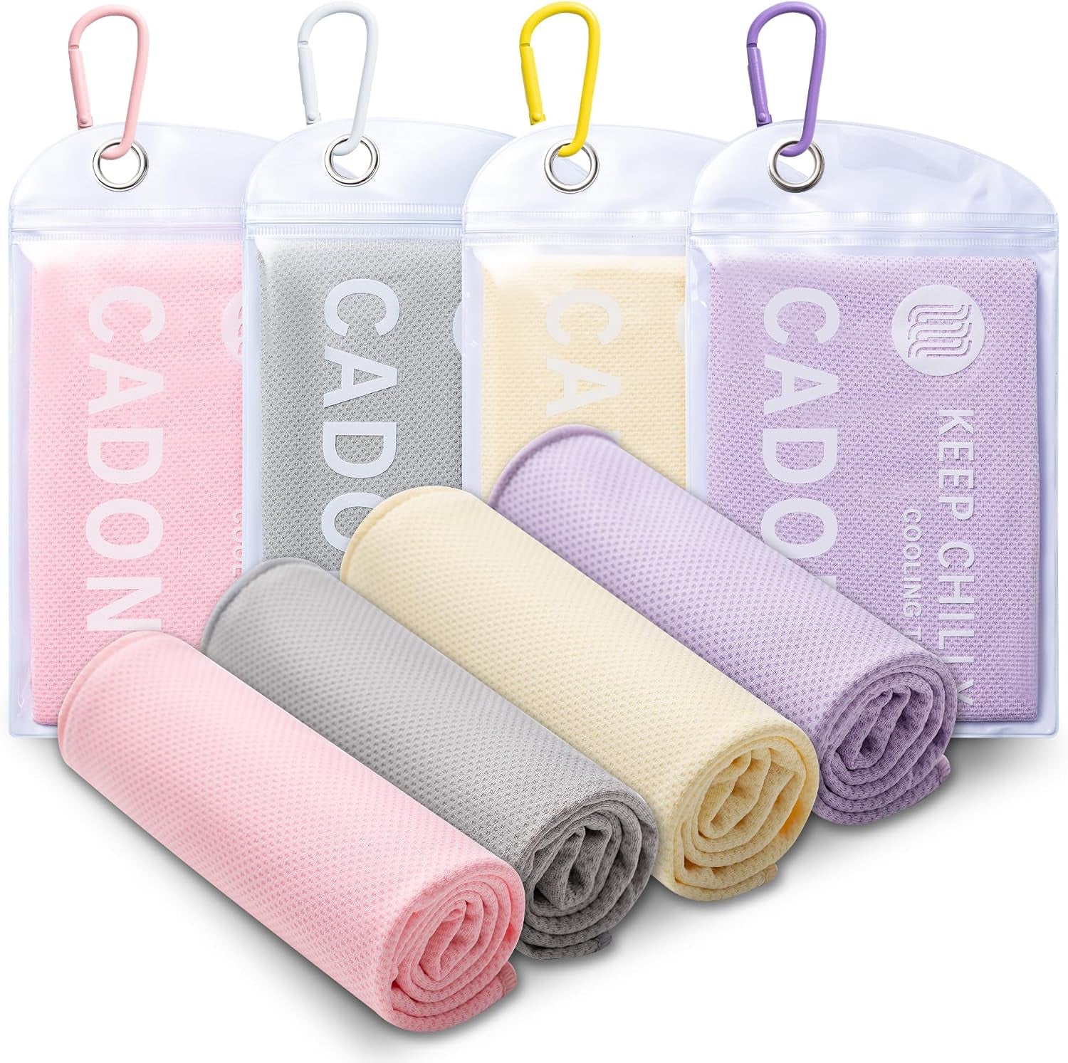 CADONO 4 Pack Cooling Towel (40"X12"), Soft Breathable Chilly Towel, Ice Towel, Microfiber Towel for Yoga, Sport, Running, Workout,Gym, Camping, Fitness, Workout & More Activities(Multicolor)