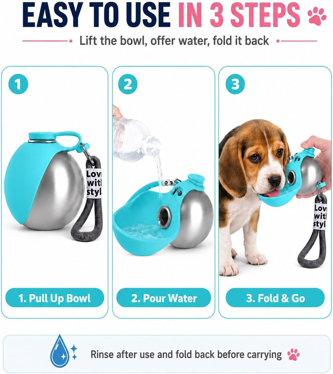2 in 1 Portable Dog Water Bottle with Built in Bowl, 10 Oz Collapsible Stainless Steel Travel Dog Water Bowl Foldable Silicone Leak Proof Drinking Tumbler for Dogs on Walks