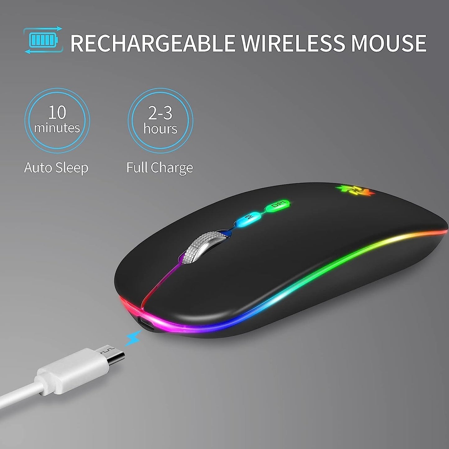 Wireless Mouse, LED Wireless Mouse for Laptop, Slim Silent Mouse 2.4G Rechargeable Wireless Computer Mouse for Laptop, Macbook, Ipad, Chromebook, with USB & Type-C Receiver