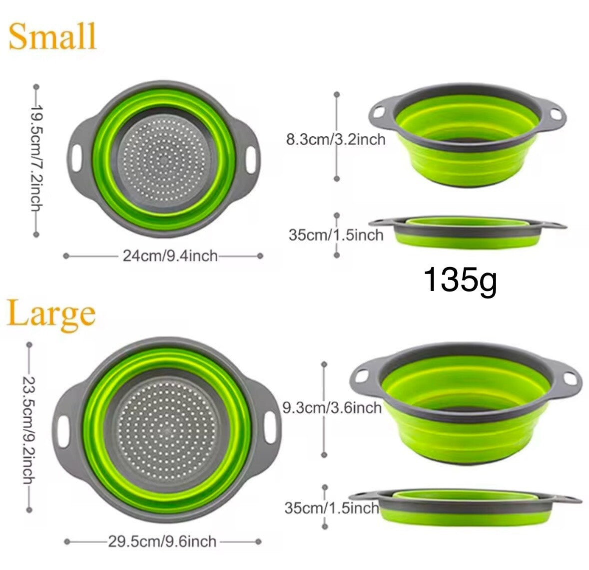 Collapsible Colander Filter Basket Foldable W/Handle 2 Pieces Set.Large & Small