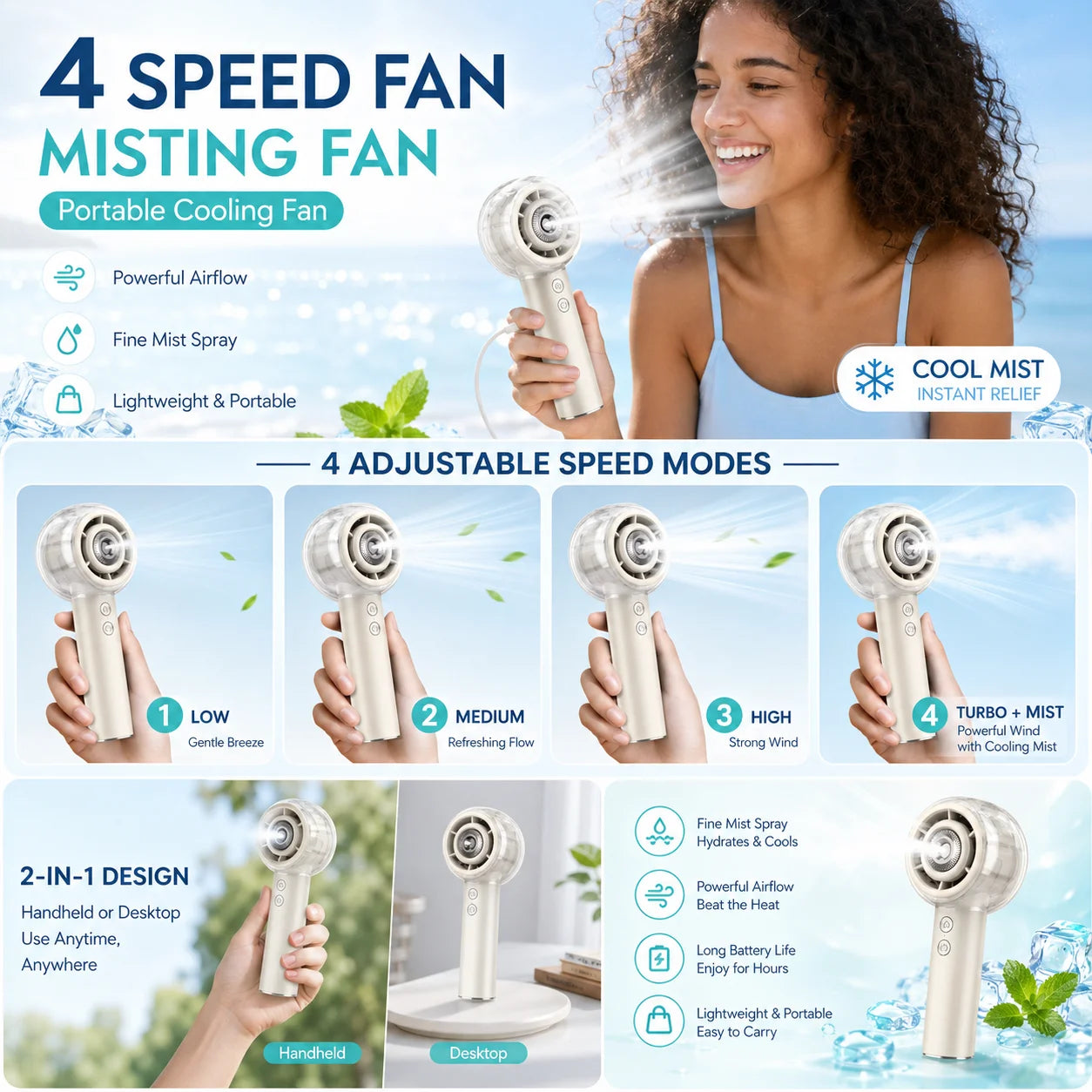 Misting Portable Handheld Fan 6000Mah Rechargeable Battery, Personal Mini Fans with 4 Strong Windfor Travel, Camping, Beach