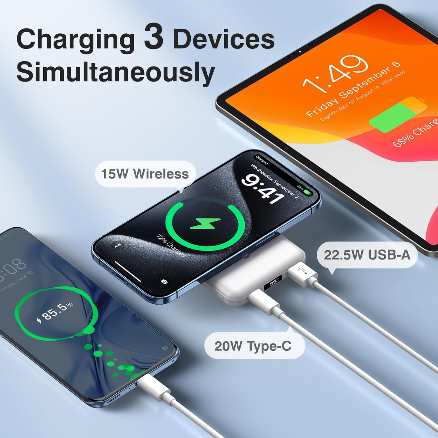 Mag-Safe Portable Charger, 5000mAh Magnetic Power Bank 22.5W Fast Charging,Mini Battery Pack Wireless with LED Display&Foldable Stand for iPhone 17/16/15/14/13/12 Series (Polar White)