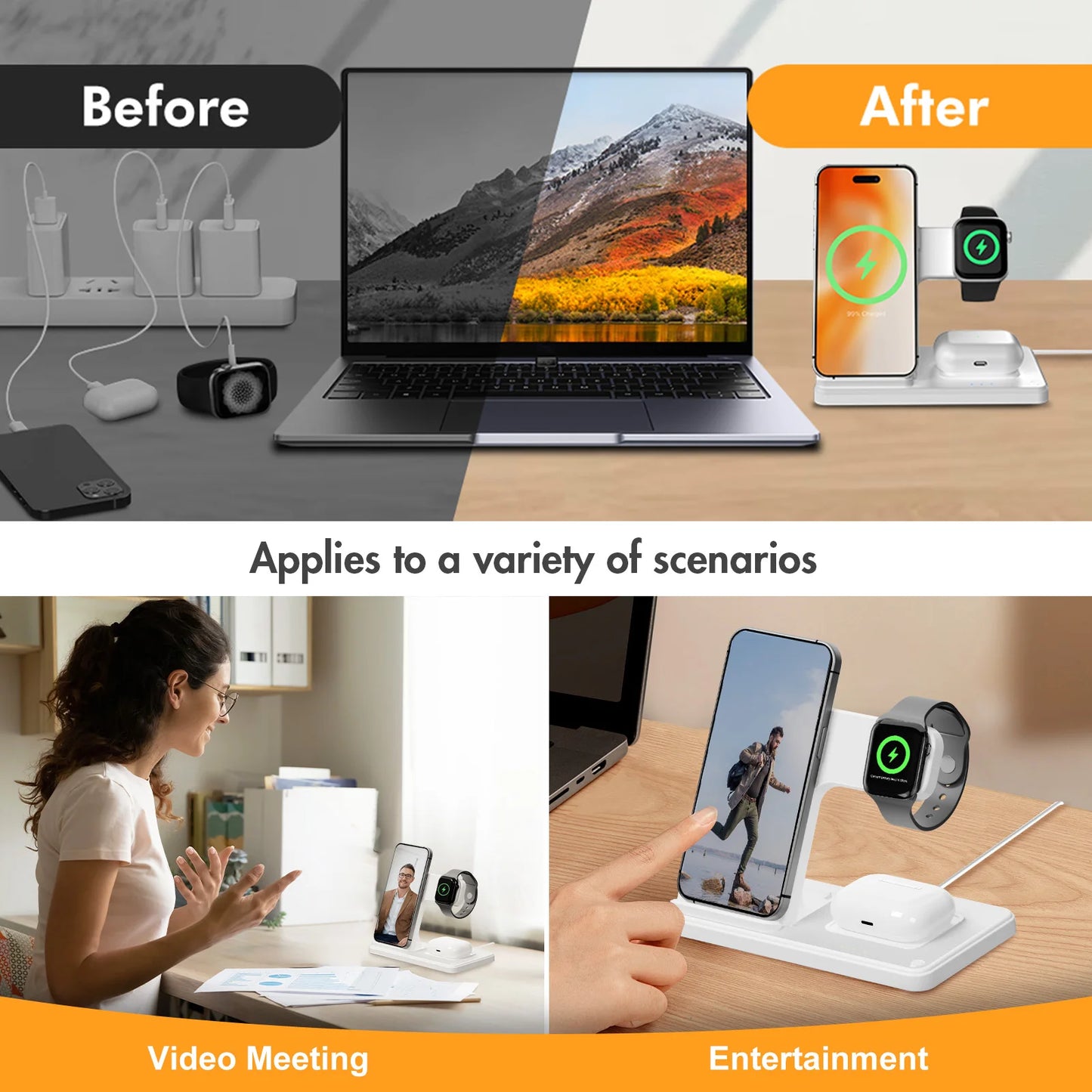 15W Magnetic Wireless Charger Stand Foldable 3 in 1 Fast Charging Sation for Iphone 17- 12 Pro Max Apple Watch 8 7 Airpods Pro