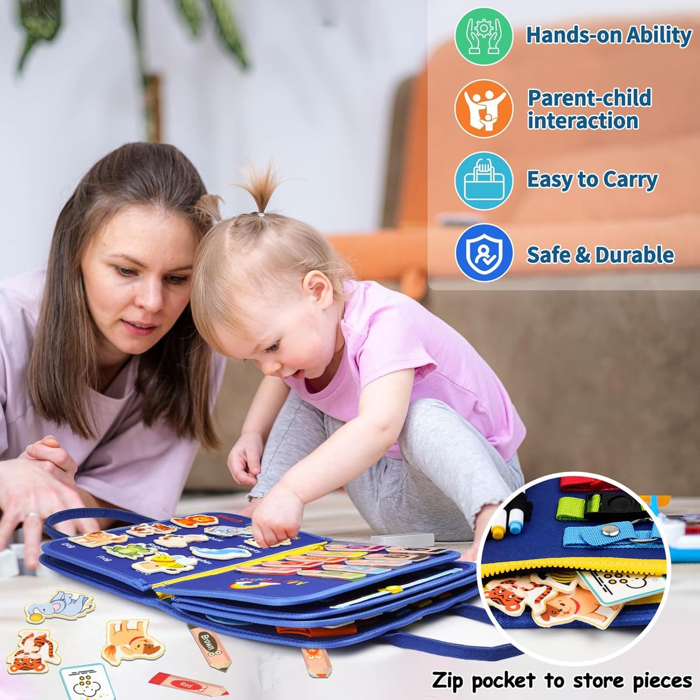 Toddler Busy Board, Montessori Toys for Boys, Sensory Board Birthday Gifts - Educational Busy Book, Learning Toys for Toddlers, Preschool Learning Activities and Travel Toys for Airplane Car, Blue