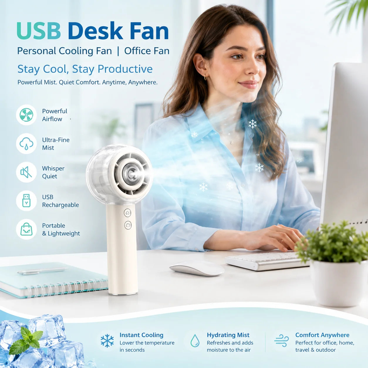 Misting Portable Handheld Fan 6000Mah Rechargeable Battery, Personal Mini Fans with 4 Strong Windfor Travel, Camping, Beach