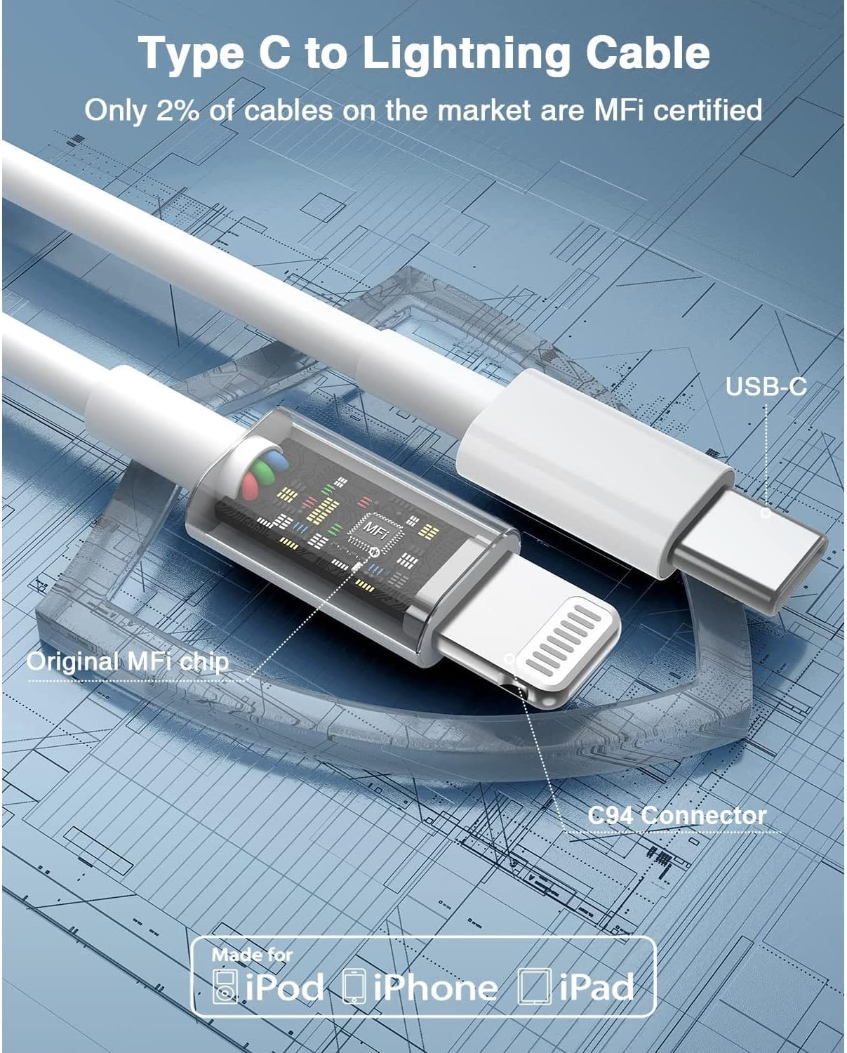 USB C to Lightning Cable, Apple MFi Certified iPhone Fast Charger 2m, Power Delivery Original Type C Charging Cord for Apple iPhone 13/12/11 Pro/11/XS MAX/XR/8/7/6s Plus,iPad (White)