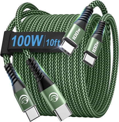 USBC to USBC 100W [10Ft/2 Pack] USB C to USB C Fast Charging Cable Braided C to C Charger Cord for Macbook Pro/Air, Iphone 16 15 Pro Max Plus,Ipad Pro,Samsung Galaxy S25 Ultra S24 S23,Pixel,Ps5,Switch