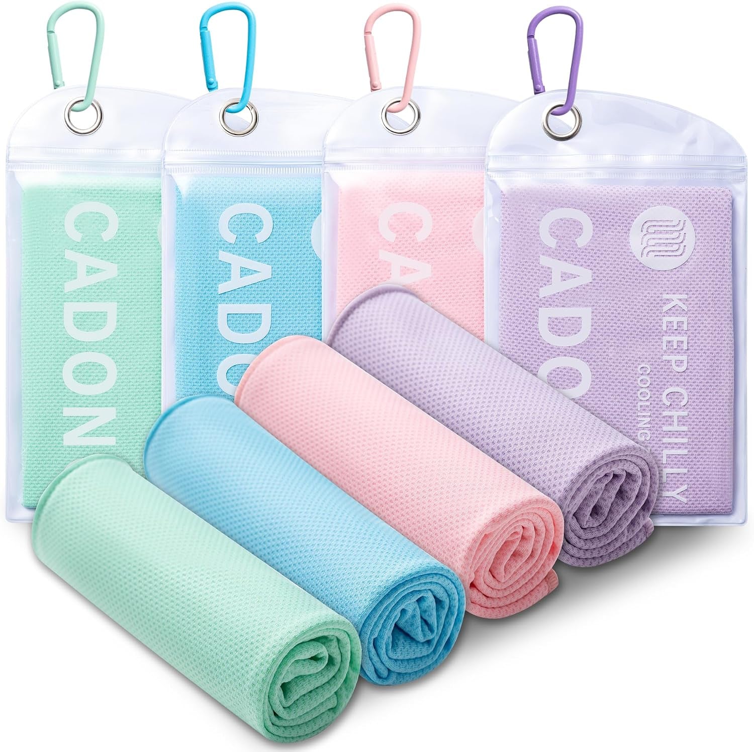 CADONO 4 Pack Cooling Towel (40"X12"), Soft Breathable Chilly Towel, Ice Towel, Microfiber Towel for Yoga, Sport, Running, Workout,Gym, Camping, Fitness, Workout & More Activities(Multicolor)