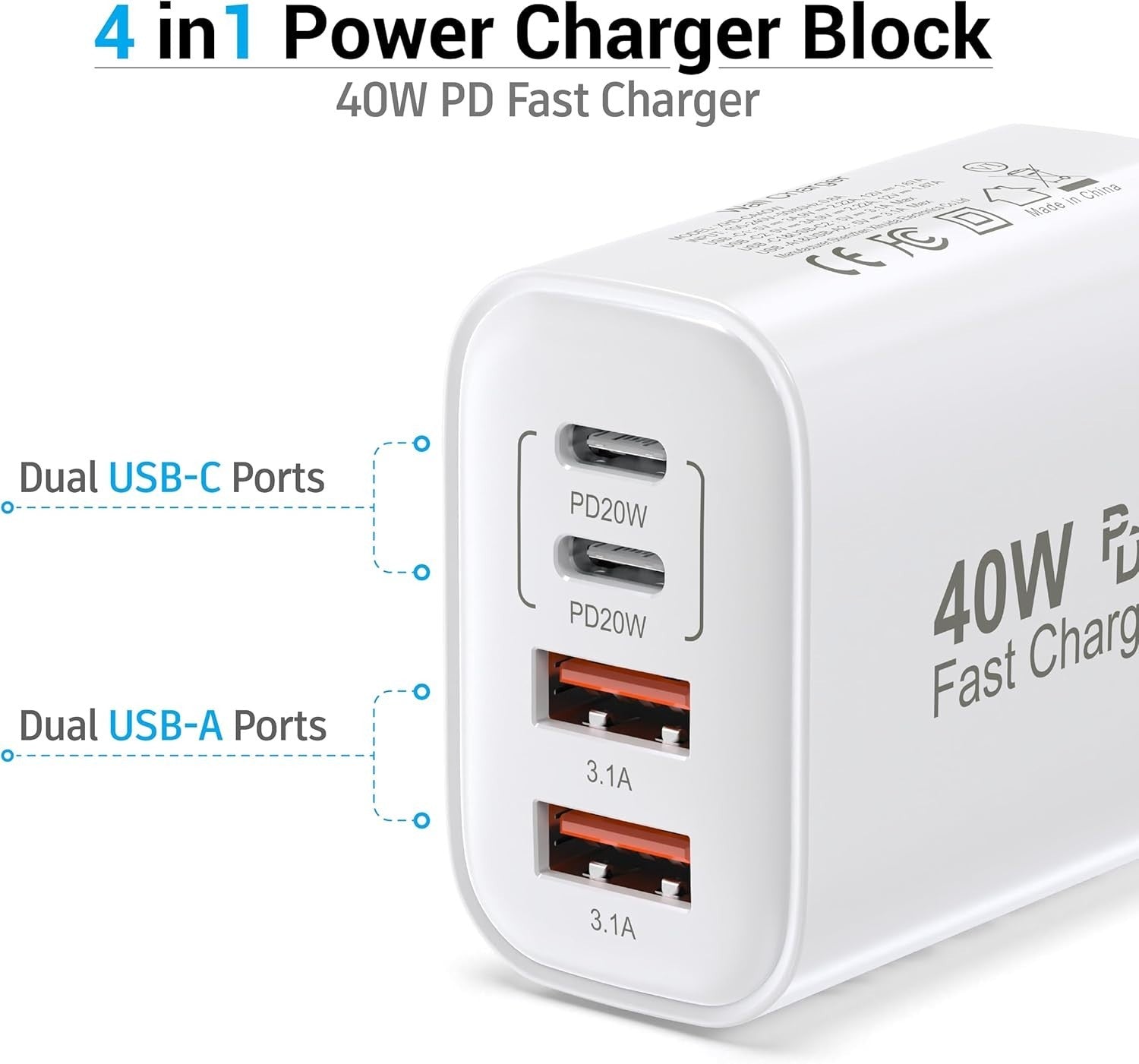 2-Pack 4-Port USB Charger PD20W + 3.1A Fast Charging for Iphone, Android